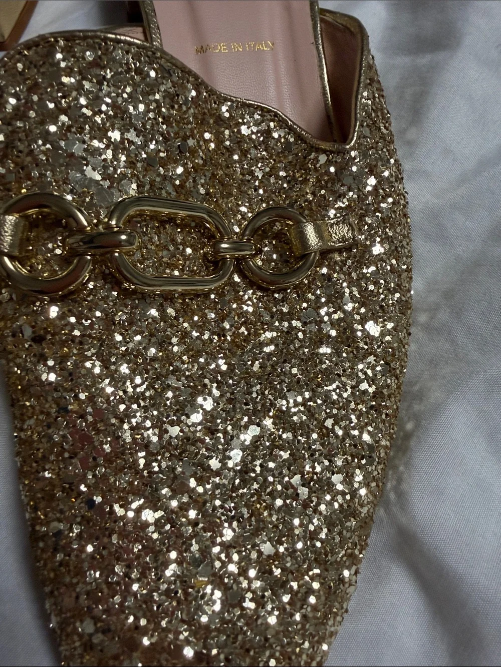 kate spade Gold Glitter Chain-Trim Mules